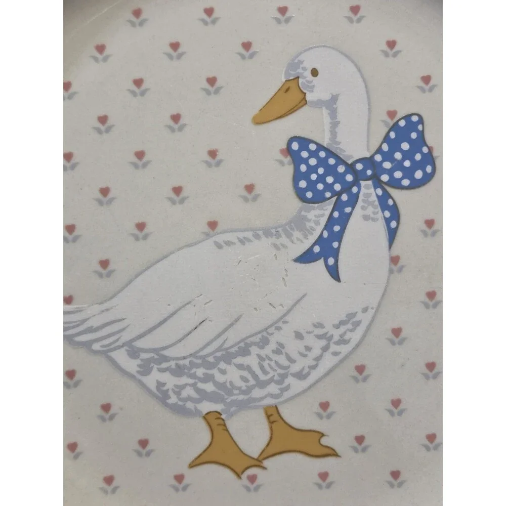 Brick Oven Stoneware Aunt Rhody Geese Goose Blue Bow Dinner Plates Cottagecore
